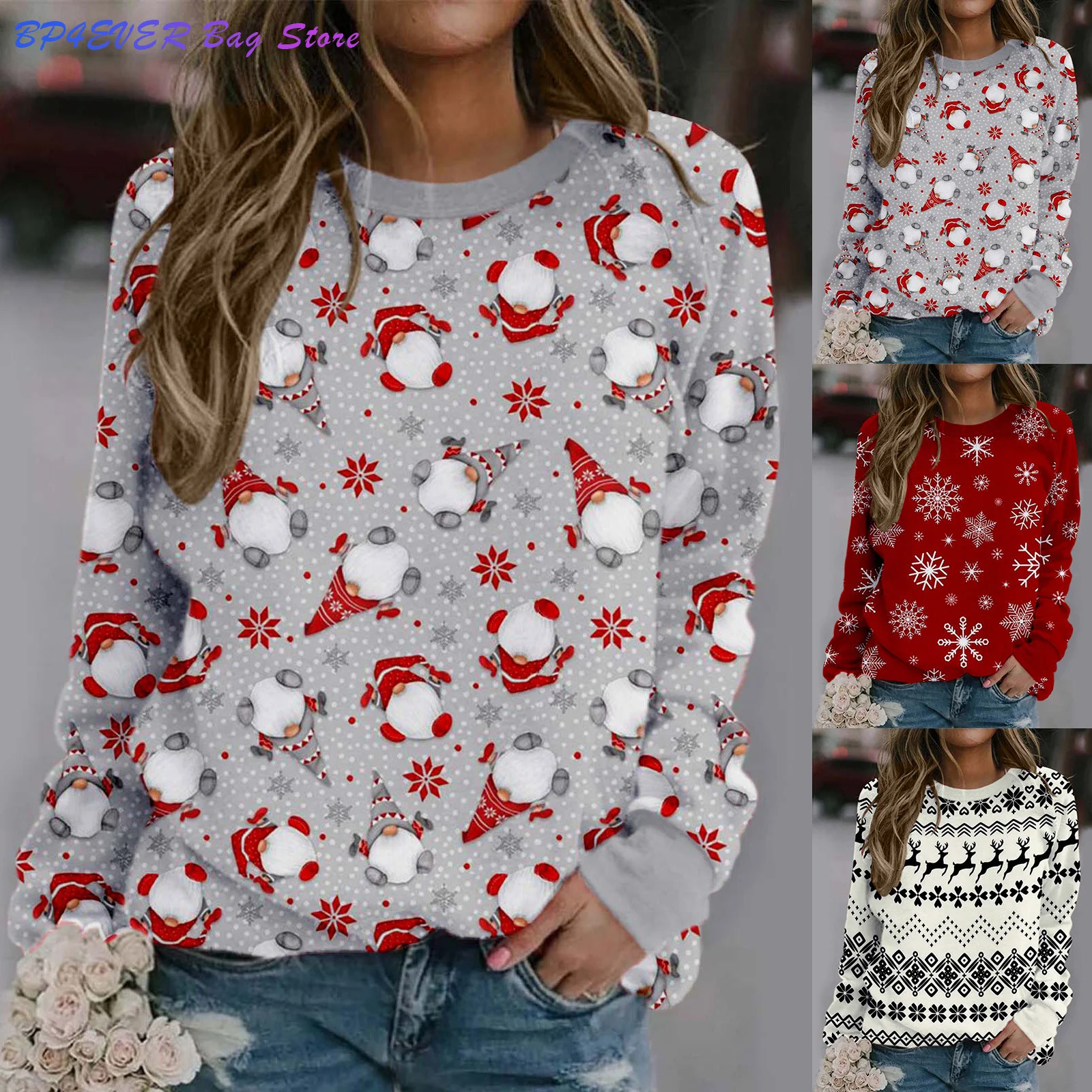 

Women's Sweatshirt Kawaii Christmas Print Long-sleeved Sweatshirt Casual Santa Snowflake Blouse Pullover Толстовка Женская