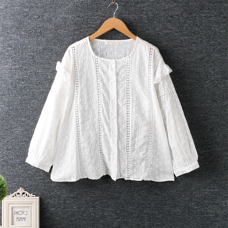 

2020 new autumn solid shirt sweet little fresh embroidery Top Long Sleeve Cotton Linen Shirt female solid color tops