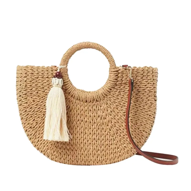 

Handmade Half Round Straw Bag Rattan Woven Women Handbag Bohemian Summer Beach Bags Female Shoulder Crossbody Bag Tote