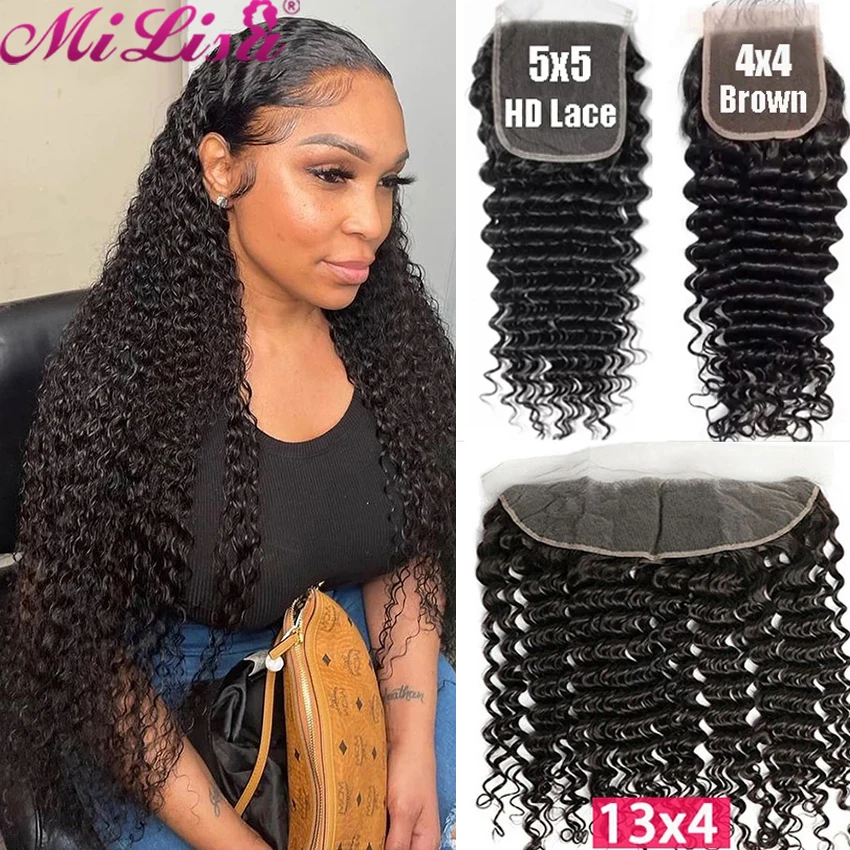 

30 Inch Deep Wave Bundles With 13x4 Frontal Brazilian 3 / 4 Bundles Hair Extensions With 4x4 Closure HD 5X5 Closure With Bundles
