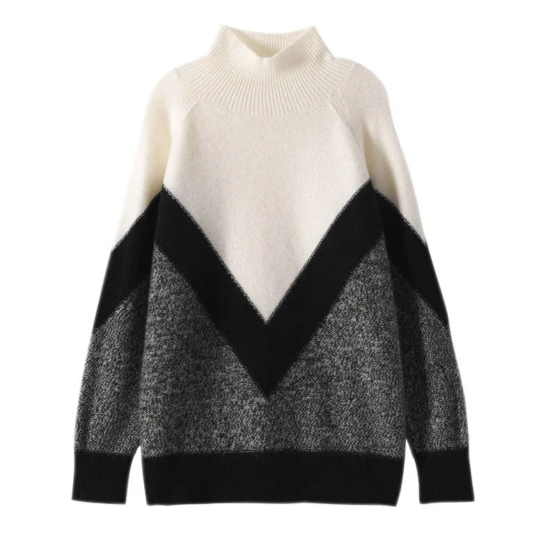 

SHUCHAN Patchwork Turtleneck Pullover Free Shipping Items Clothes for Women 30% Cashmere 70% Wool Sweater Women