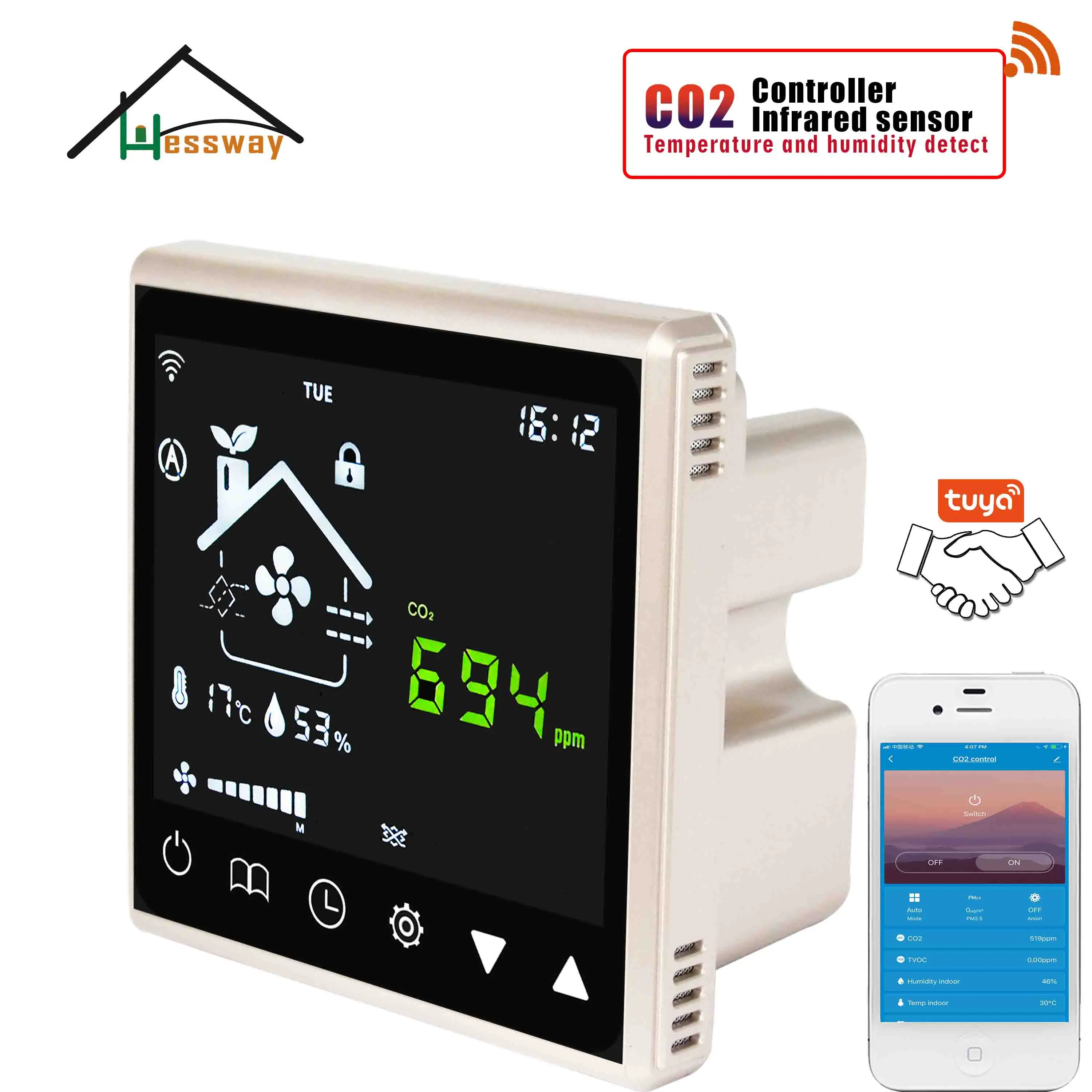 HESSWAY 3 In1 Температура влажности детектор двуокиси углерода Управление WI FI CO2 для