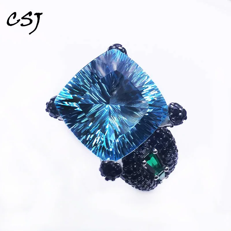 CSJ кольцо из стерлингового серебра 925 пробы с натуральным голубым топазом