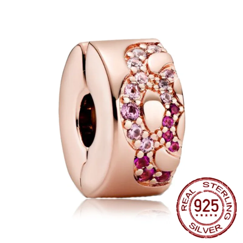 

New 925 Sterling Silver Pink Rose Gold Leaves Freehand Heart Clip Charm Bead Fit Original Pandora Bracelet DIY Jewelry for Women