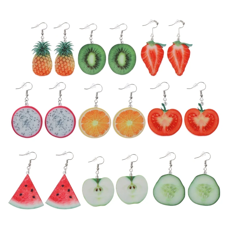 

9 Pairs Cute Acrylic Fruit Drop Dangle Earrings Sets Tomato Kiwi Orange Jewelry