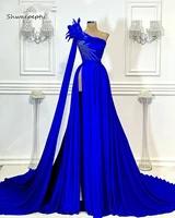 royal blue long prom dresses a line 2021 elegant one shoulder high slit luxury beaded women feather formal party evening gown