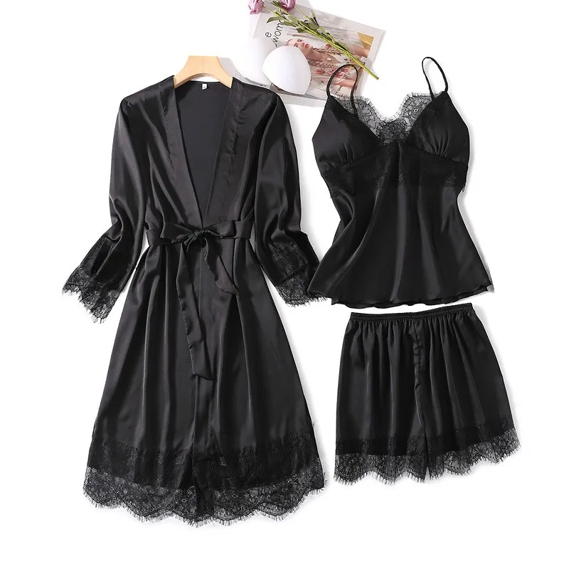 

Silky Sleepwear Nightgown Women Nightwear 3PCS Sleep Set Casual Kimono Gown Satin Pajamas Suit Loose Home Clothes Bathrobe