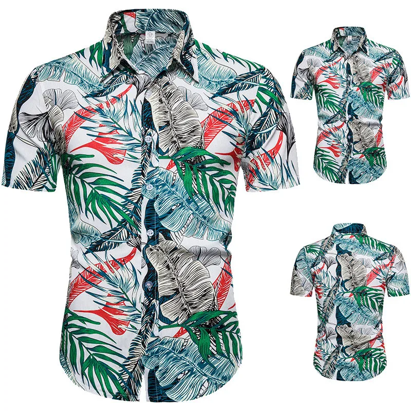 

Summer Mens Leaf Print Shirts 2020 New Fashion Brand Tops Mens Hawaiian Shirts Short Sleeve Cotton men clothes Chemise Homme 3XL