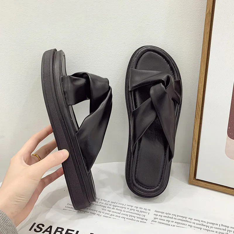 

Female Shoes Low Slippers Soft Slides Fashion 2021 Comfort Luxury Flat Summer Basic PU Rome Flat Shoes Female Ladies' Slippers L