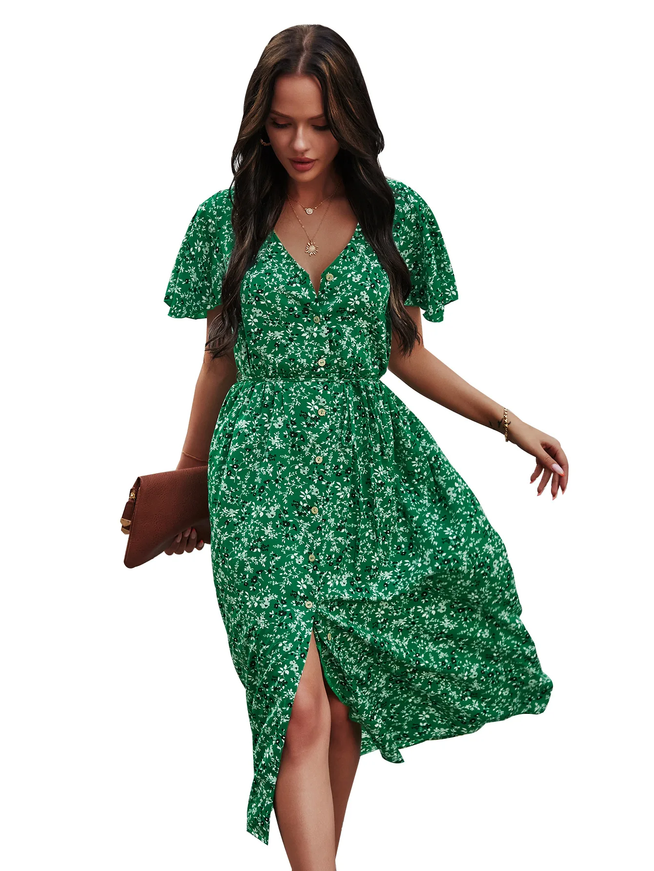 

Retro print long skirt 2021 spring and summer new sexy one-piece long skirt high waist single-breasted V-neck long-sleeved dress