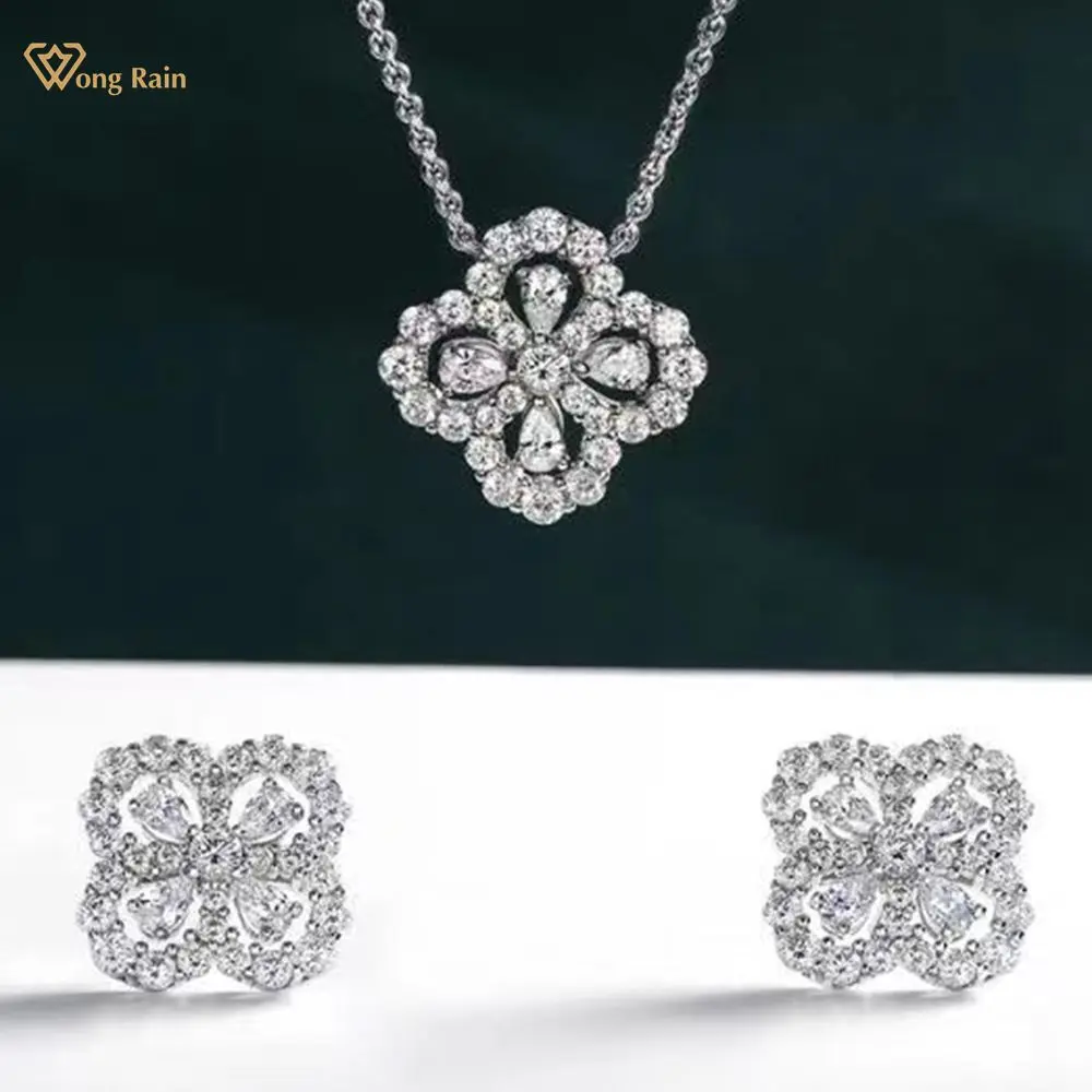 

Wong Rain 925 Sterling Silver Created Moissanite Diamonds Gemstone Four Leaf Clover Pendant/Necklace/Earrings Jewelry Set Gifts