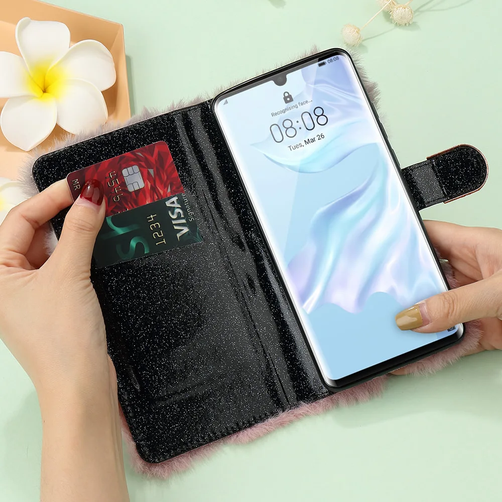 Роскошный чехол-книжка Pepmune с пушистым мехом для Huawei P30 Pro Nova 4E милый кожаный