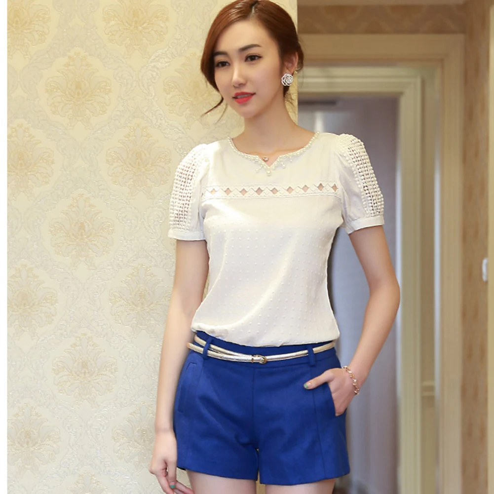 

Women's Patchwork Hollow Out Chiffon Blouse Loose Lace Shirt Solid Short Sleeve Blouse