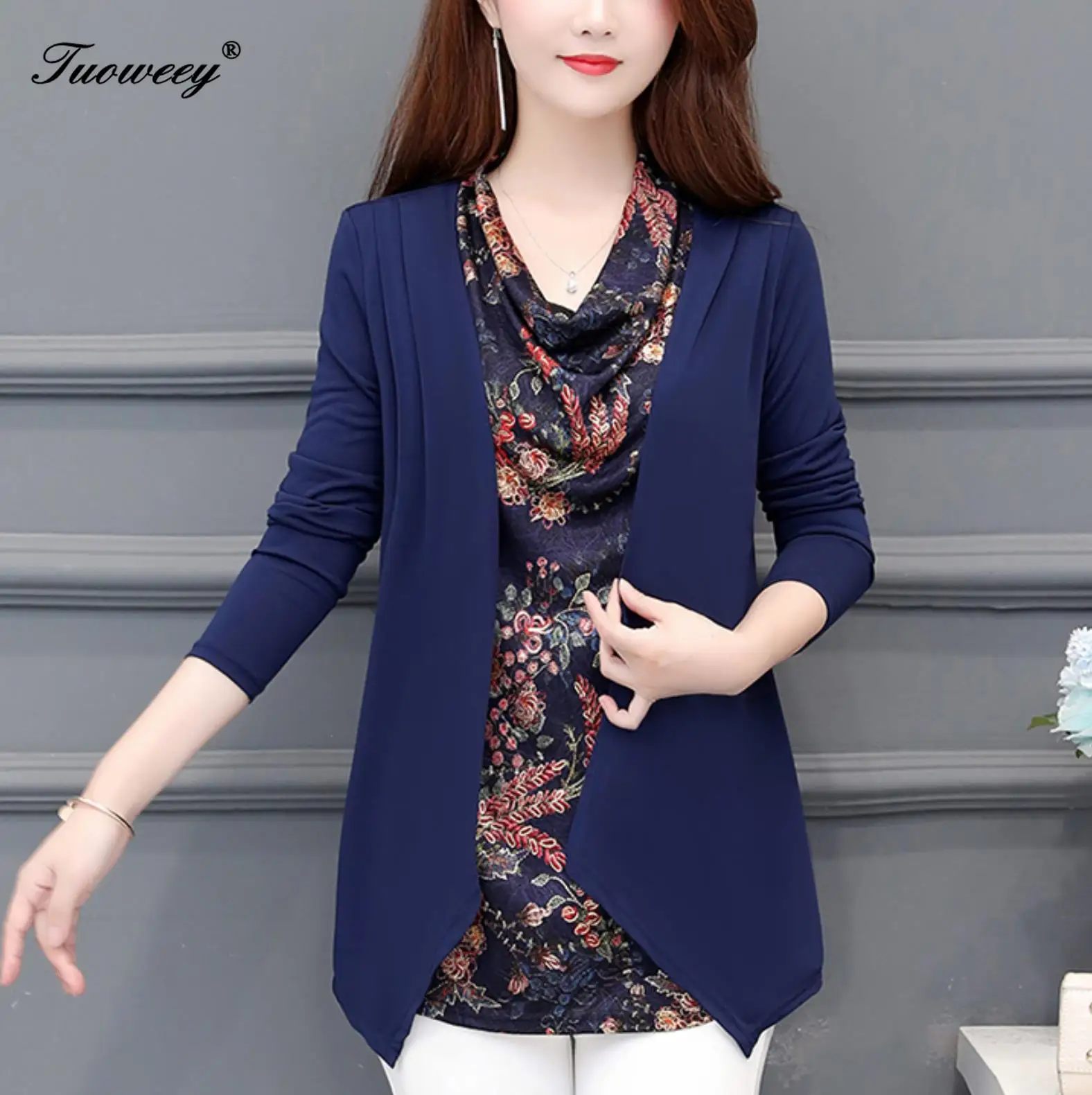 

Autumn Winter 2019 Women Blouses Shirt Female Long Sleeve Casual Dot Patchwork Fake Two Pieces Women Blouses Loose Ladies Tops