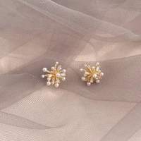 14k gold romantic firework pearl stud earrings for woman pierced delicate unusual zircon sweet 925 sterling silver party jewelry