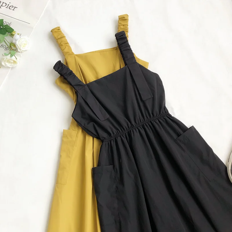 FTLZZ Summer New Arrival Women Sweet Strap Mid-length Dress Ladies Casual Solid Loose High Waist A-line Dresses | Женская одежда