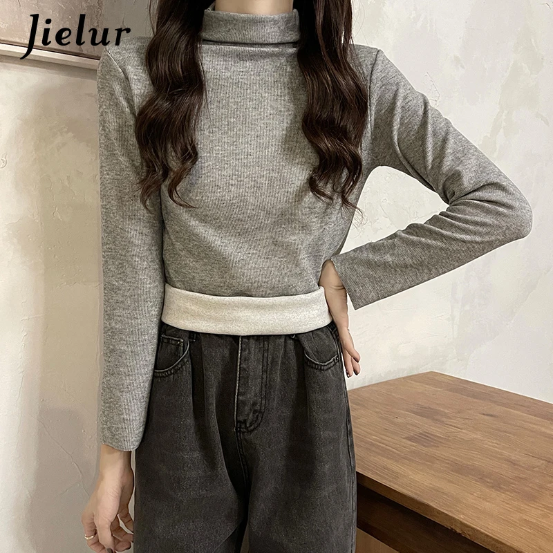 Jielur Серая эластичная женская футболка однотонная Базовая с длинным рукавом