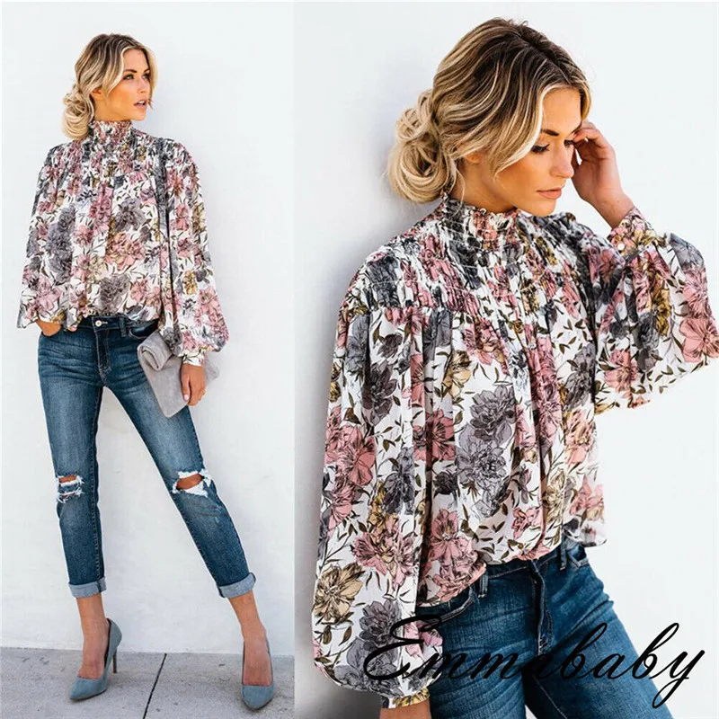 

Fashion Women Turtleneck Loose Fit Floral Long Sleeve Boho Lantern Blouse Tops Ladies Shirt blusas mujer de moda 2021 verano