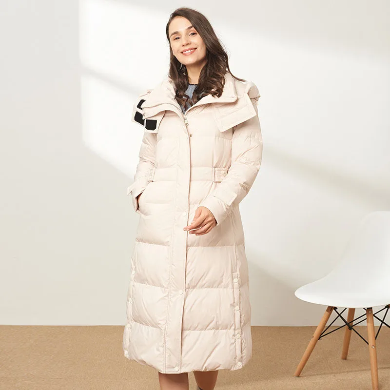 

Winter 2021 High Quality New White Goose Down Jacket Women Temperament Simple Hooded High Collar Belt Thick Long Coat