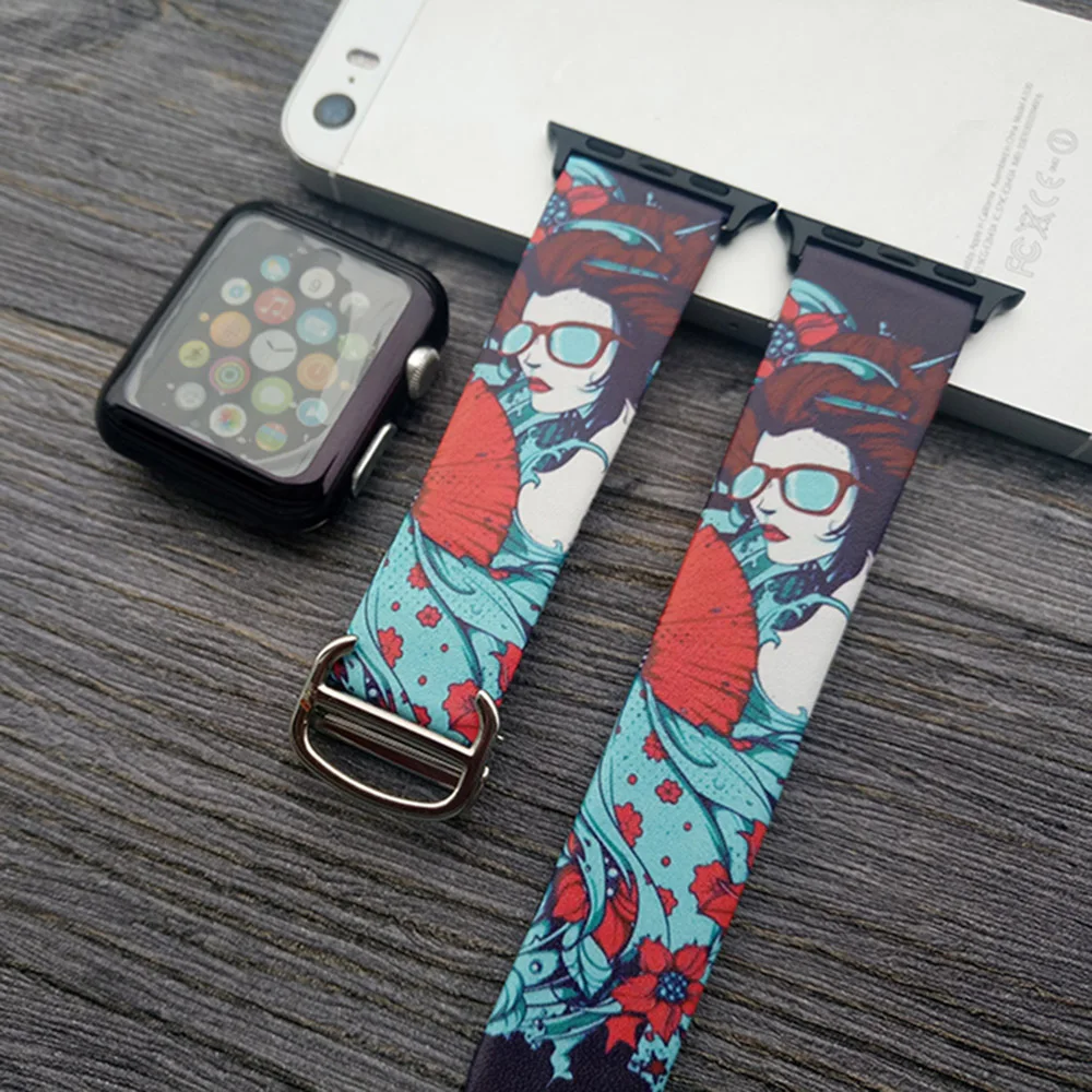Хип-хоп натуральная кожа ремешок для Apple watch 38 мм 40 мм 42 мм 44 мм Ван Гог арт браслет с принтом ремешок для iwatch серии 5 4 3 2