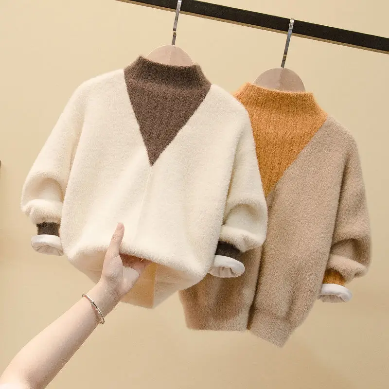 

4T-14T fall winter teenage boy girl kid thick Knitted turtleneck cardigan clothes warm shirts color pullover sweaters