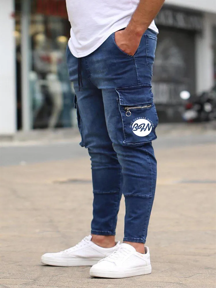 Spring Men's Plus-Size S-3XL Black Blue Fashion Casual All-Match Side Pocket Small Leg Pants Tight-Rope Jeans