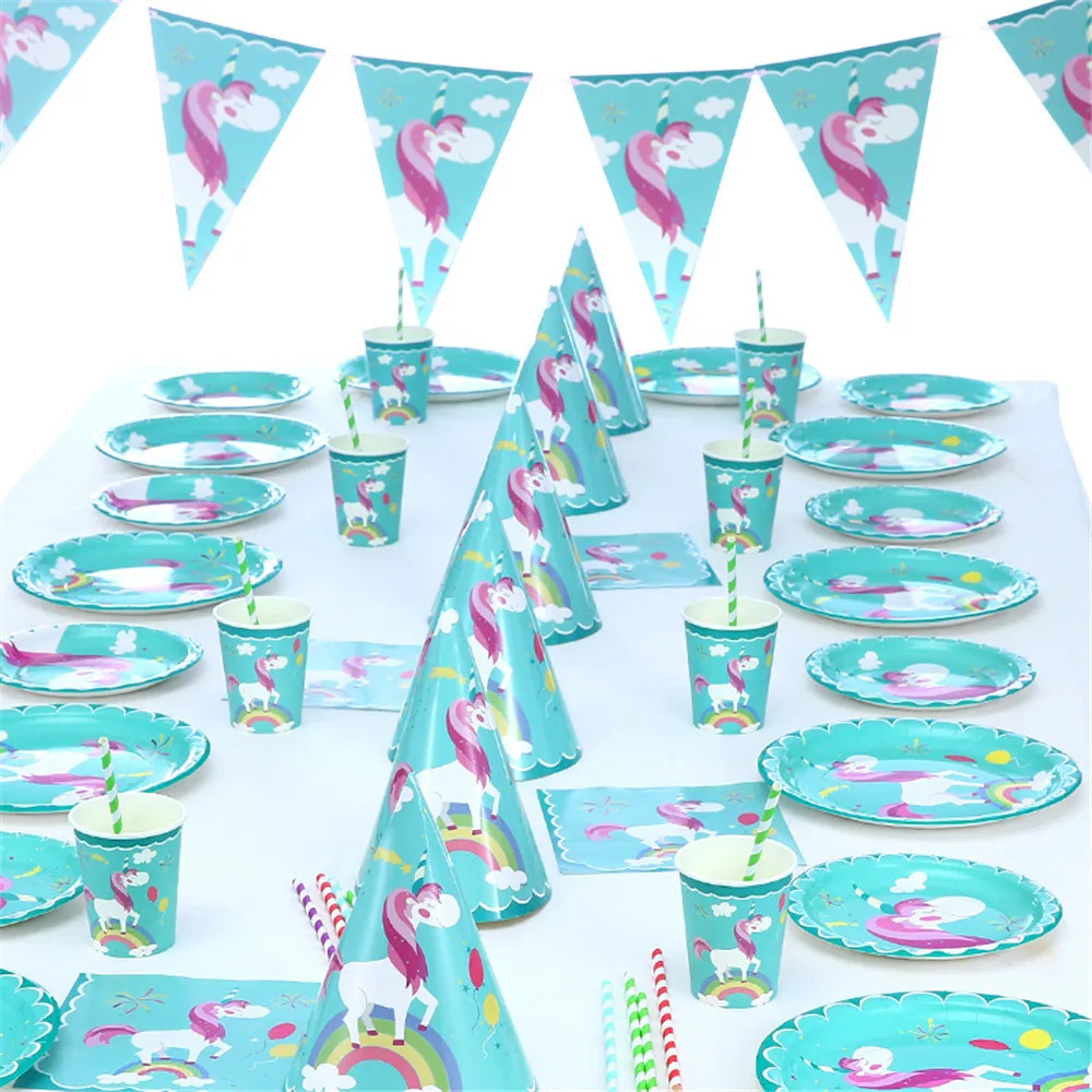 Зеленый Единорог детский праздник одноразовая посуда бумажные соломинки