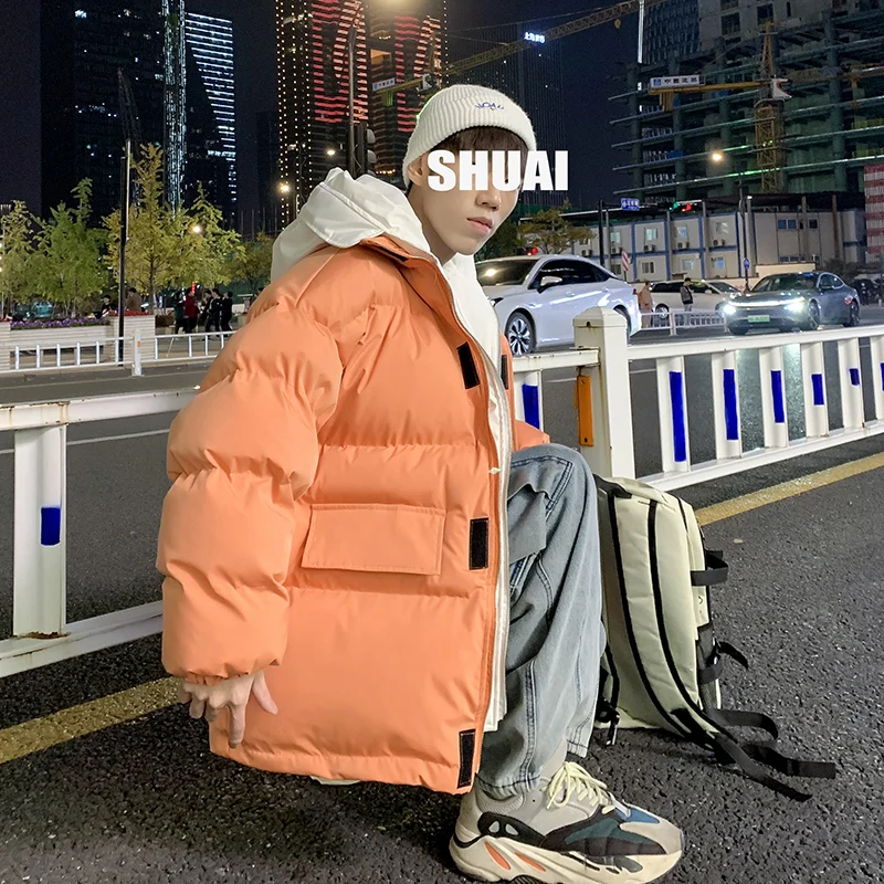 

New winter parka coat men's solid color thick warm jacket loose casual couples fashion fake two-piece design splicing jacket men