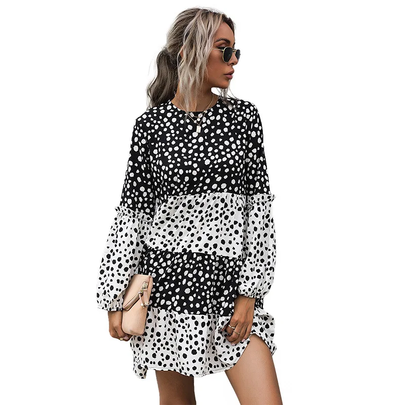 

Spring loose French chiffon zebra print print long sleeve dress ear woman