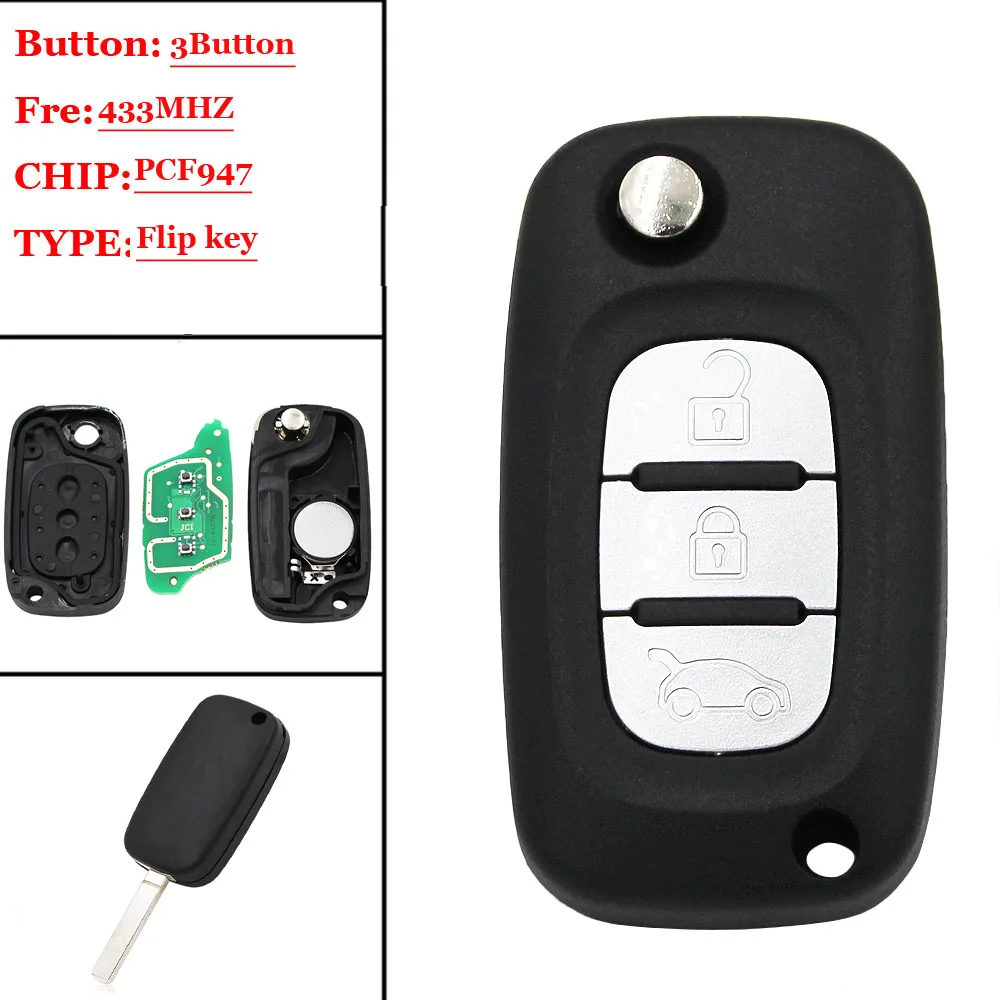 3 кнопки 433 МГц PCF7947 чип откидной дистанционный ключ для Renault Clio III Kangoo Master Modus Twingo 2006