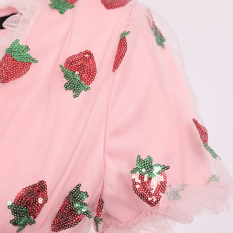 

New Strawberry Dresses Women Summer Runway Strawberry Dress Sweet Long Flare Sleeve V-Neck Lace-up Sheer Mesh Pink Lady Dress