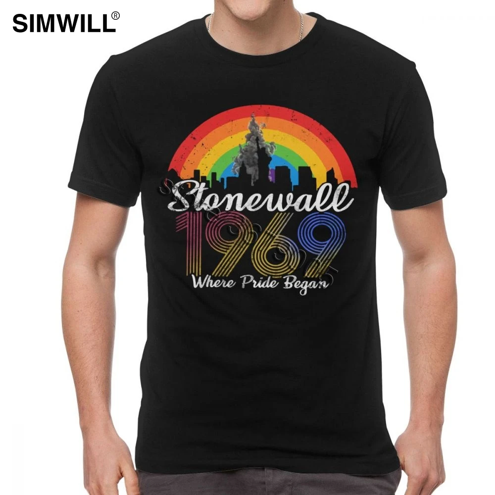 

Retro Stonewall Riots 50th NYC Gay Pride T Shirt Mens 100% Cotton LGBT Tees Shirts Short Sleeved Rainbow T-shirt LGBTQ Tshirt