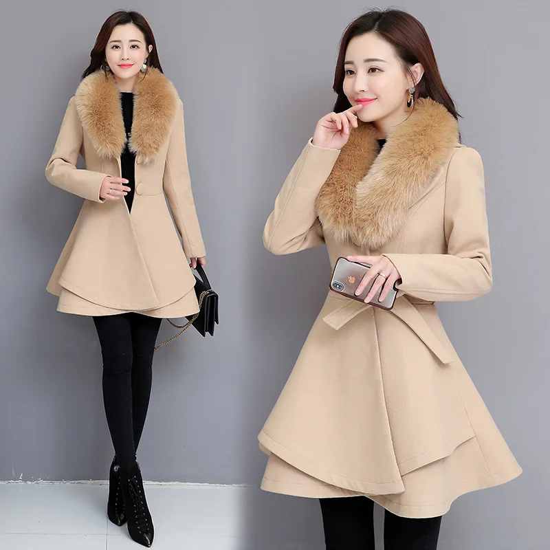 

New 2021 Autumn Winter Wool Coat Women Long Elegant Wool Blend Coats Female Sweet Preppy Large Fur Coat Outwear Feminine