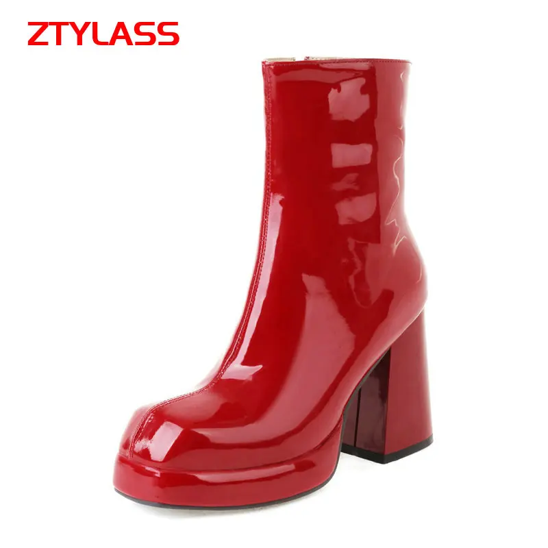 

White Autumn Winter Platform Women Ankle Boots Pu Leather Chunky High Heel Ankle Boots Fashion Square Toe Zipper Woman Shoes