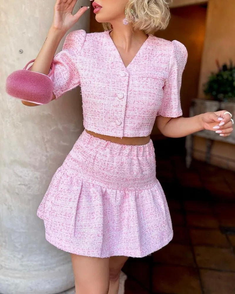 

Sexy Women's Skirt Suit 2021 Summer New Fashion Two Piece Set Pink Woolen Blouse Skirt Suits Casual Women Sets