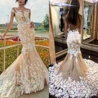 mermaid wedding dresses 2021 scoop champagne appliques bridal gowns open back sexy lace vestidos de mariee abendkleider