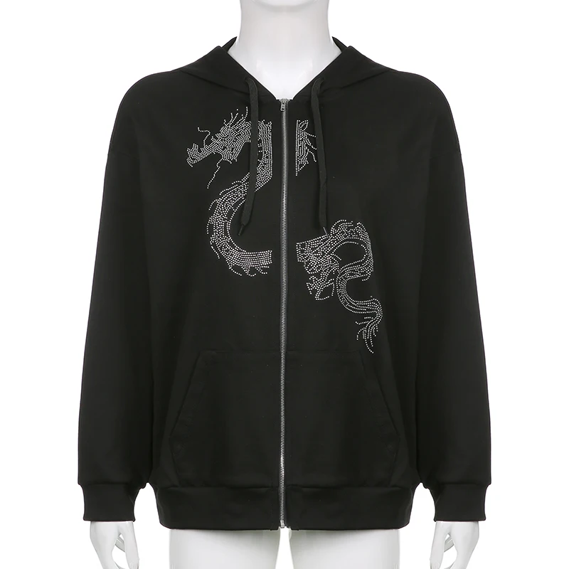 

Oversized Goth Black Hoodies Women Dragon Diamond Cartoon Sweatshirts Zip Up Jacket Long Sleeve Autumn Winter Pullovers