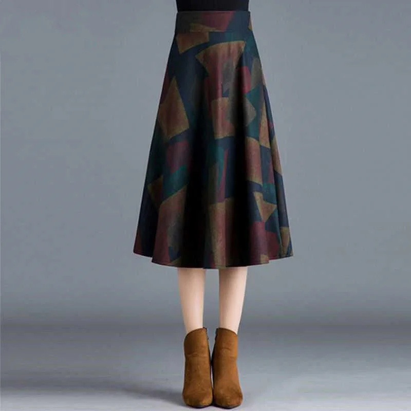 

Женская длинная Плиссированная юбка, повседневная шерстяная трапециевидная юбка с высокой талией и принтом в Корейском стиле, лето-осень ...
