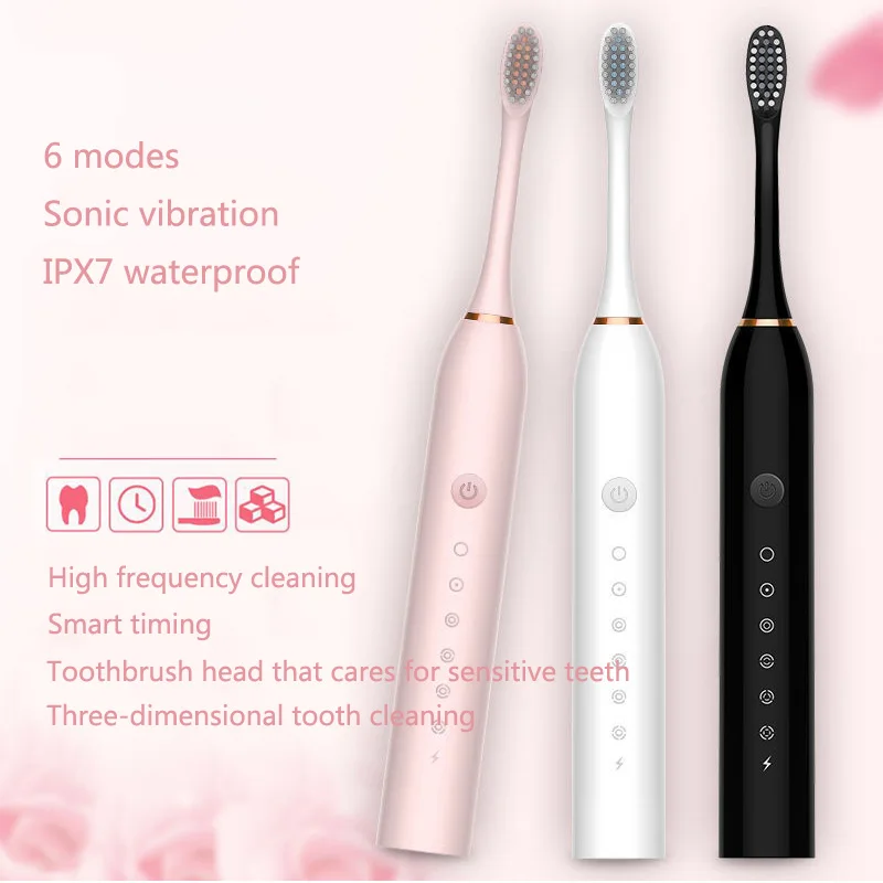 

Sonic Electric Adult Toothbrush, 6 Modes, USB Rechargeable, Ultrasonic, Waterproof, with 4 Replacement Heads