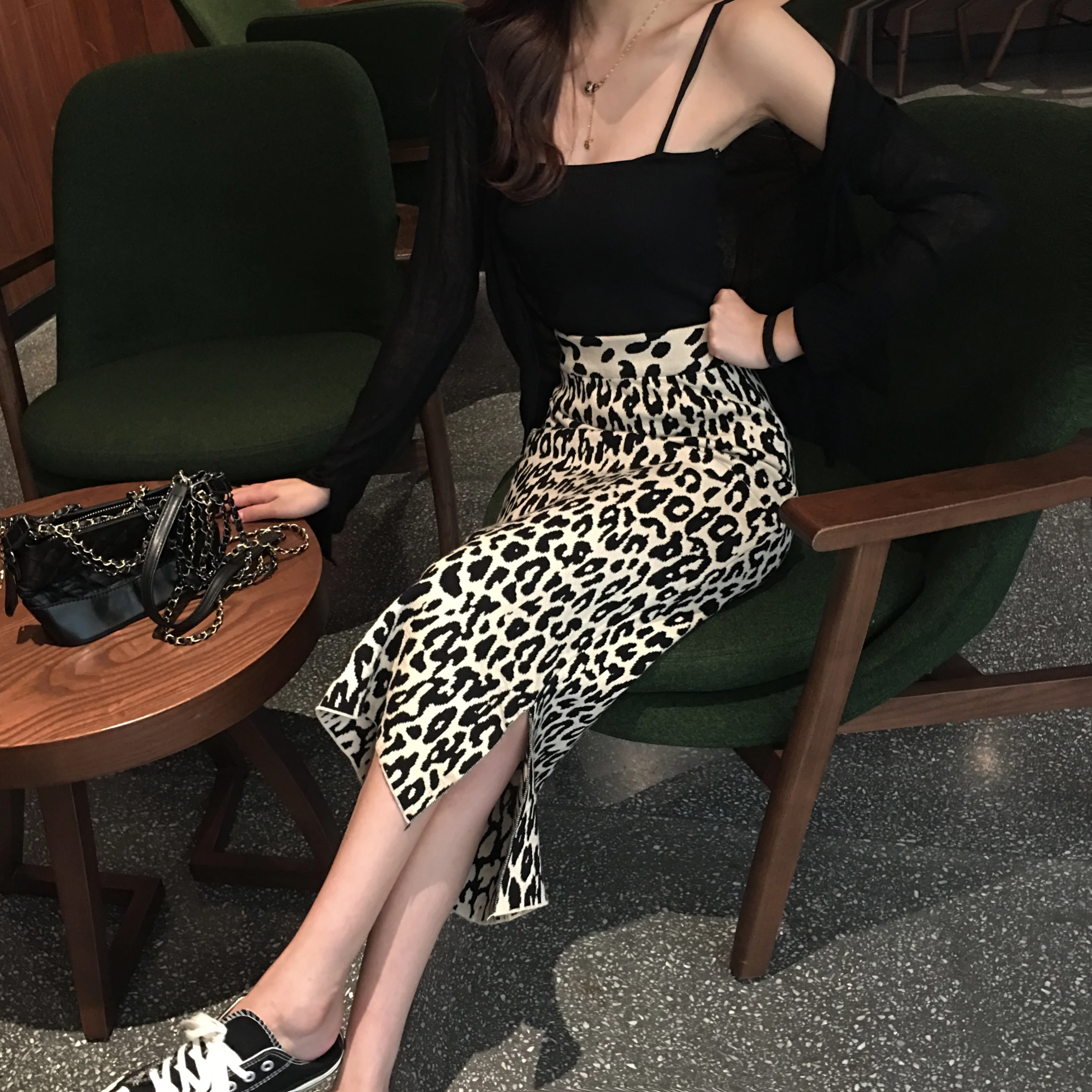 

Women Autumn Winter Skirt Long Slit Hair Female Fashion High Waist A-Line Knit Leopard Skirt All-Match Daily Streetwear One Size