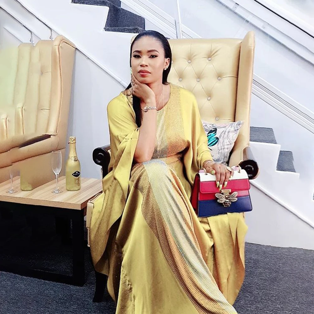 

Golden Abayas For Women African Dresses New Arrival Stripe Solid Plus Size Female Maxi Dress Kaftan Dubai Fashion