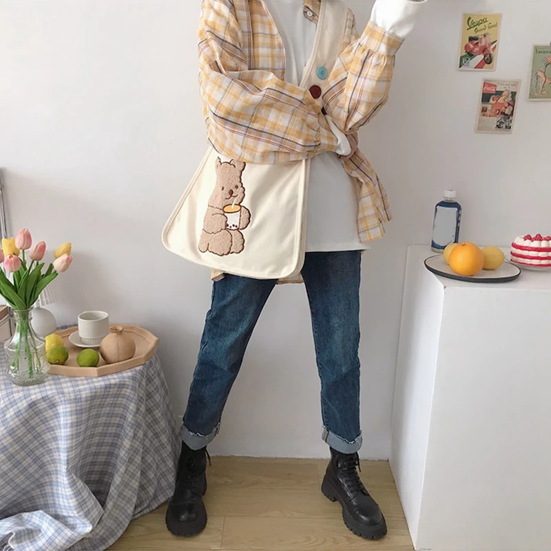 Модная женская Холщовая Сумка через плечо с медведем вместительная школьная