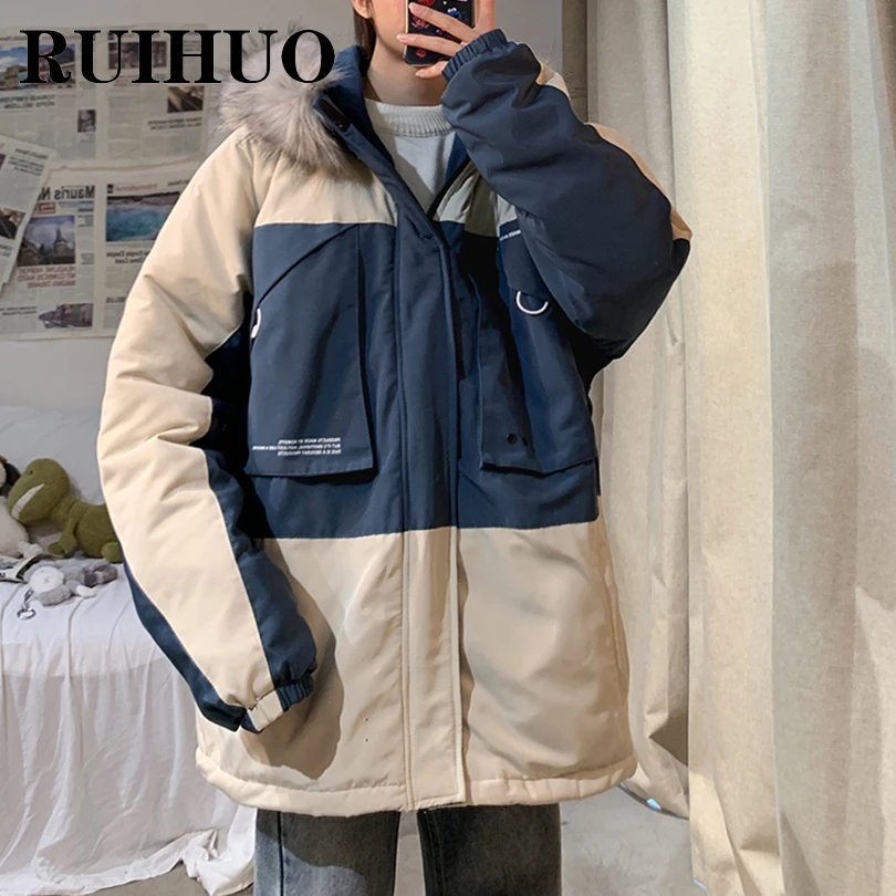 

RUIHUO Patchwork Fur Hooded Winter Jacket Men 2021 Hoodie Winter Coat Men Jacket Parkas 2XL Autumn New Arrivals