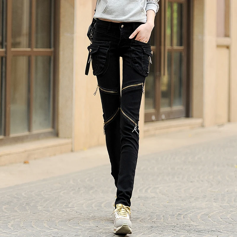 Джинсы на молнии с карманами для весны новые женские модели узкие брюки