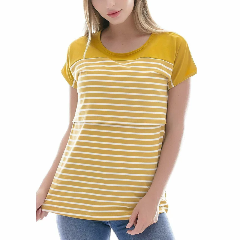 Style B Yellow Полосатая Женская одежда для беременных с круглым вырезом и цветочным принтом, топы для кормящих мам, футболка для грудного вскармливания с длинным рукавом - Цвет: Style B Yellow