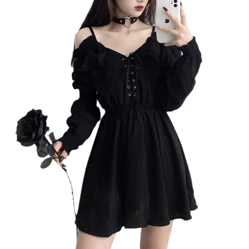 Размера плюс S-4XL Femme платья с открытыми плечами на шнуровке черного цвета осенние