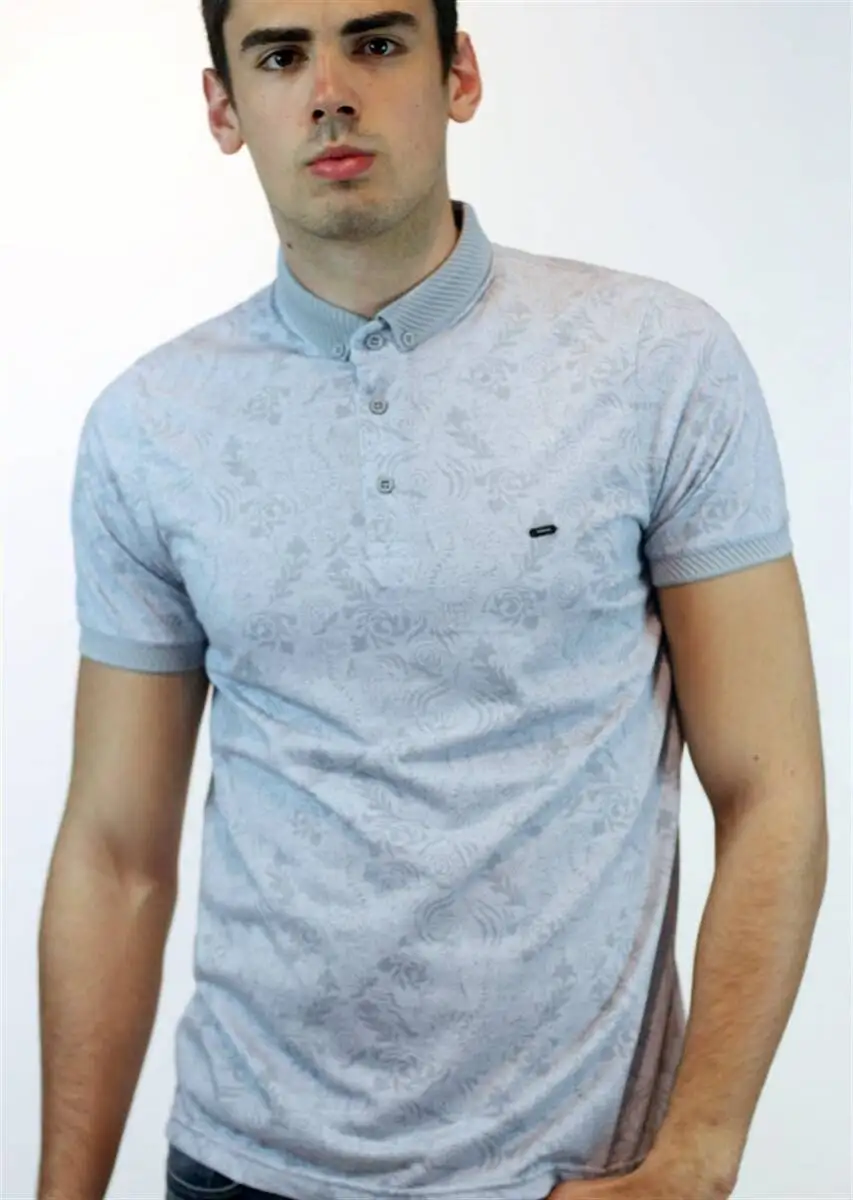 

Mens Gray Print Mixed Pattern Polo Neck T-shirt