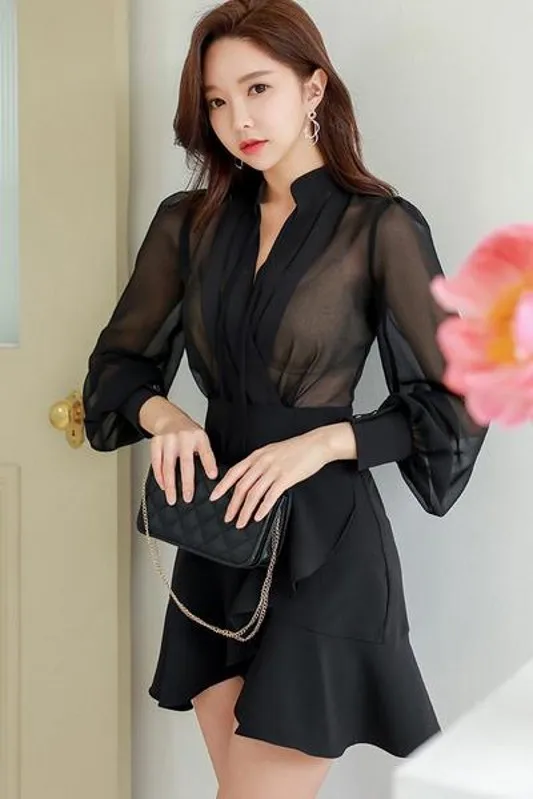 

2021 new Korean temperament sexy V-neck stitching mesh Bodycon pencil skirt spring and summer fashion ruffled mini dress Vestido