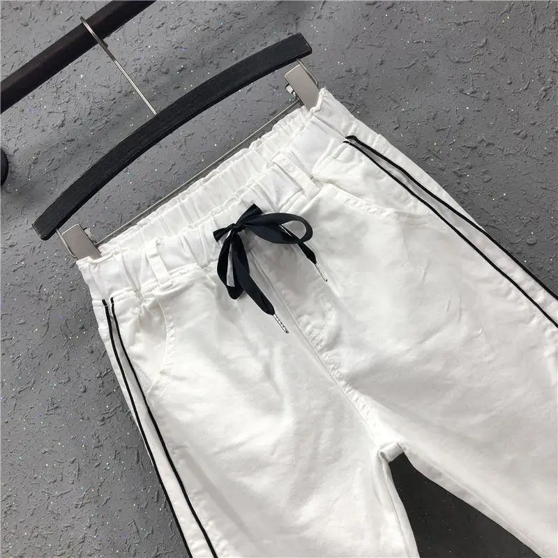 

[high cotton] white casual denim legged Pants Large Elastic Waist loose Harem Pants women's fashion
