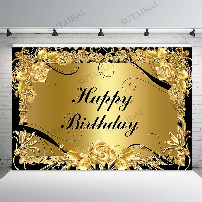 

Golden Flowers Floral Frame Happy Birthday Backdrop Decoration Adult Children Party Decorations Photo Background Photography